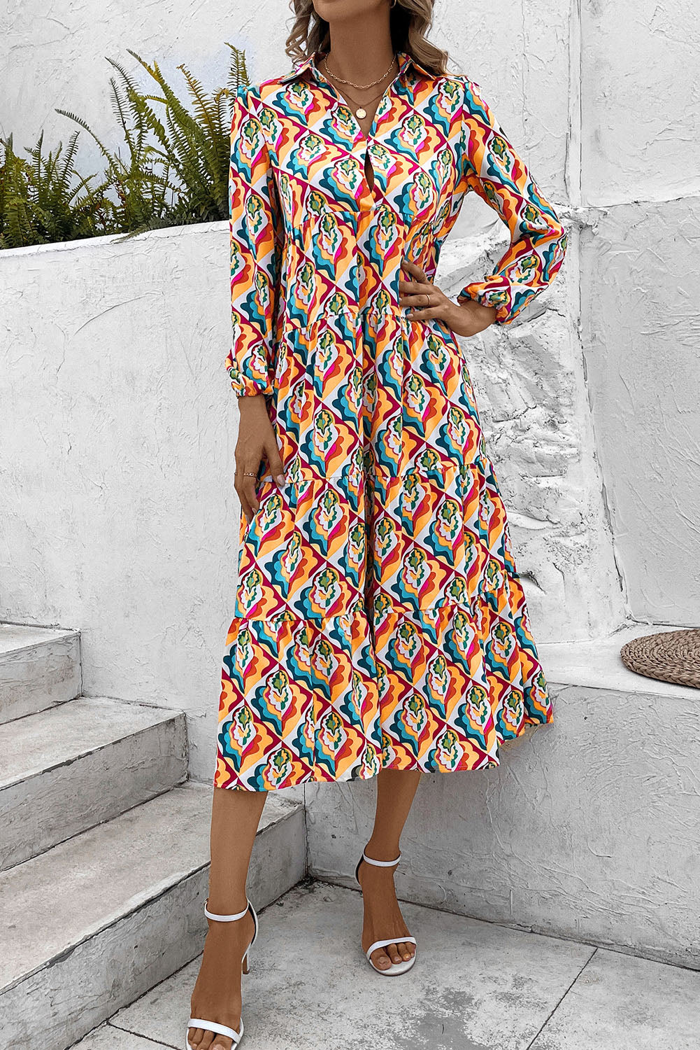 Printed Collared Neck Long Sleeve Dress  Dresses- Doll Fits
