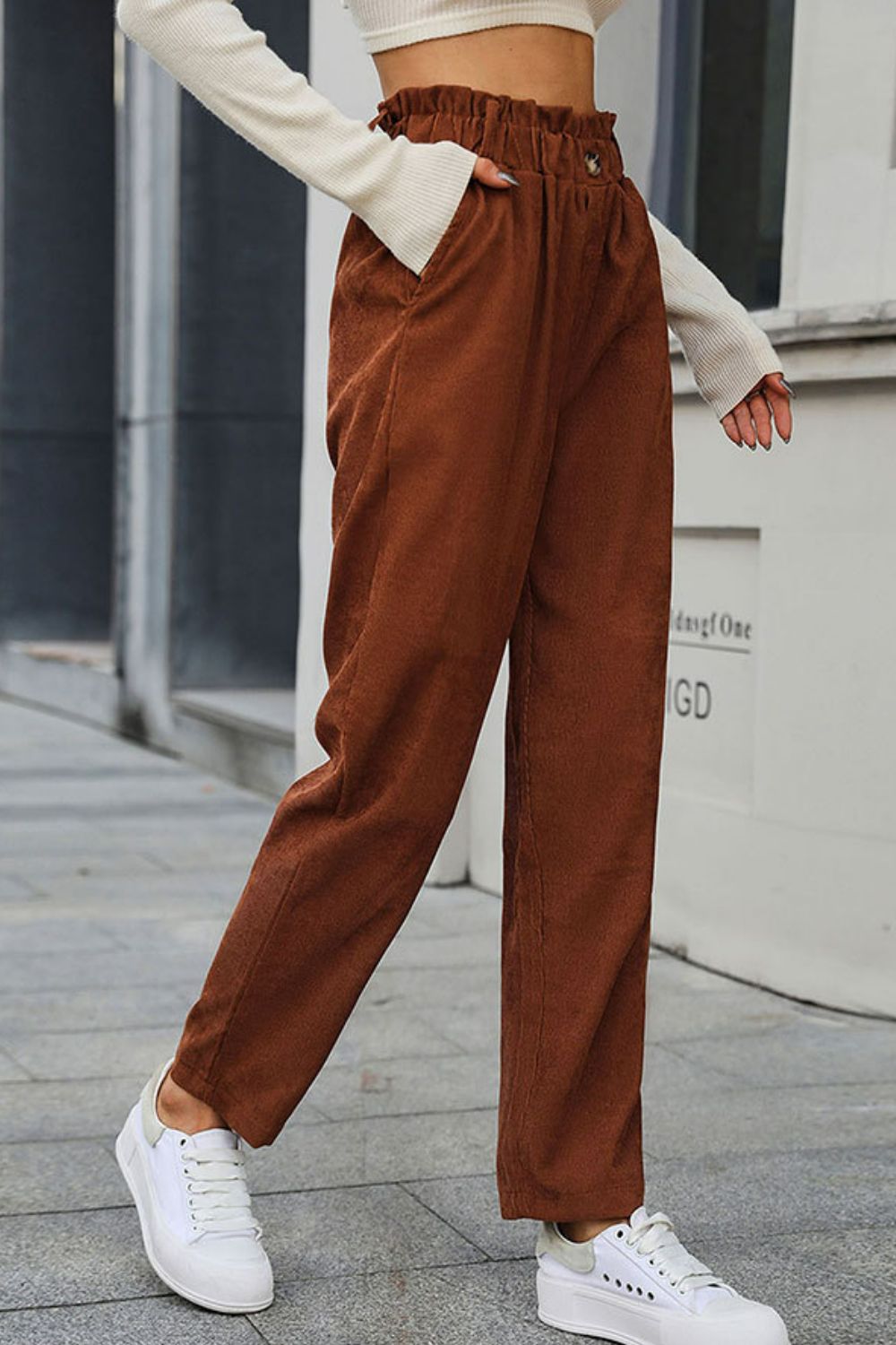 Paperbag Waist Straight Leg Pants with Pockets  Pants- Doll Fits