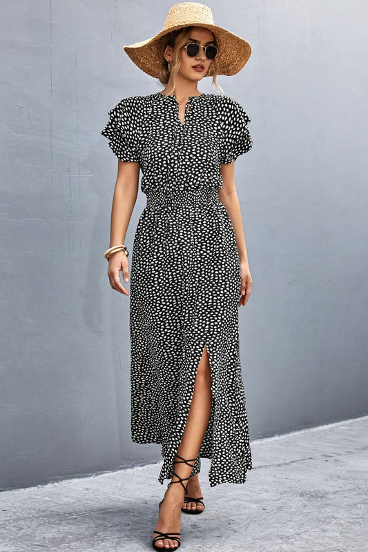Printed Tie-Neck Flutter Sleeve Split Dress  Dresses- Doll Fits