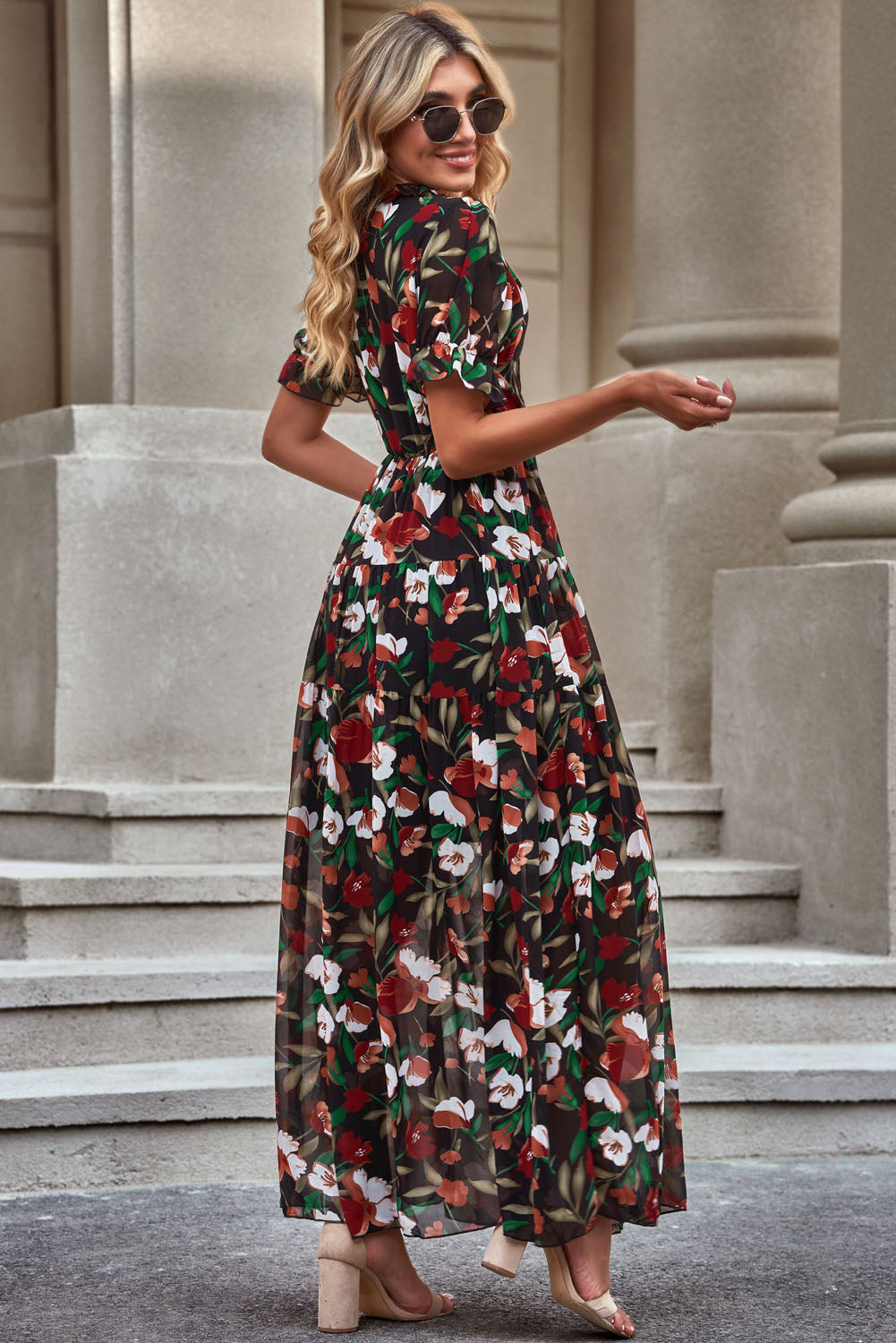 Floral V-Neck Short Flounce Sleeve Dress  Dresses- Doll Fits