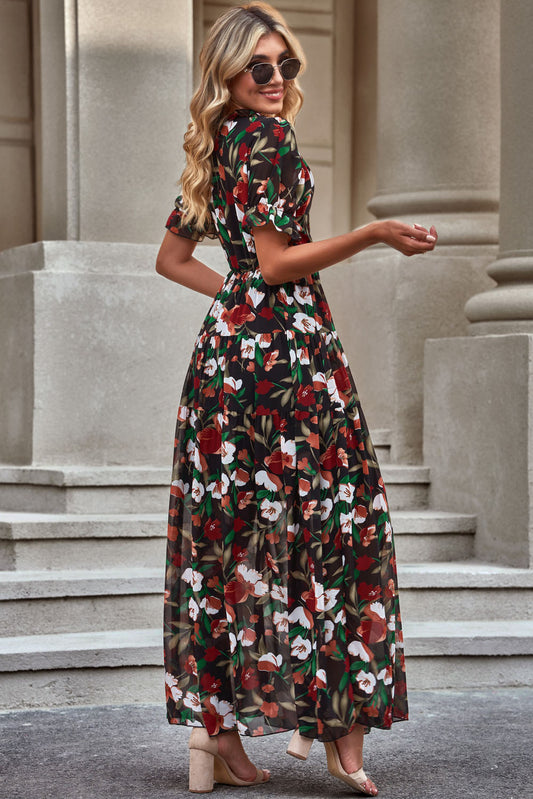 Floral V-Neck Short Flounce Sleeve Dress  Dresses- Doll Fits