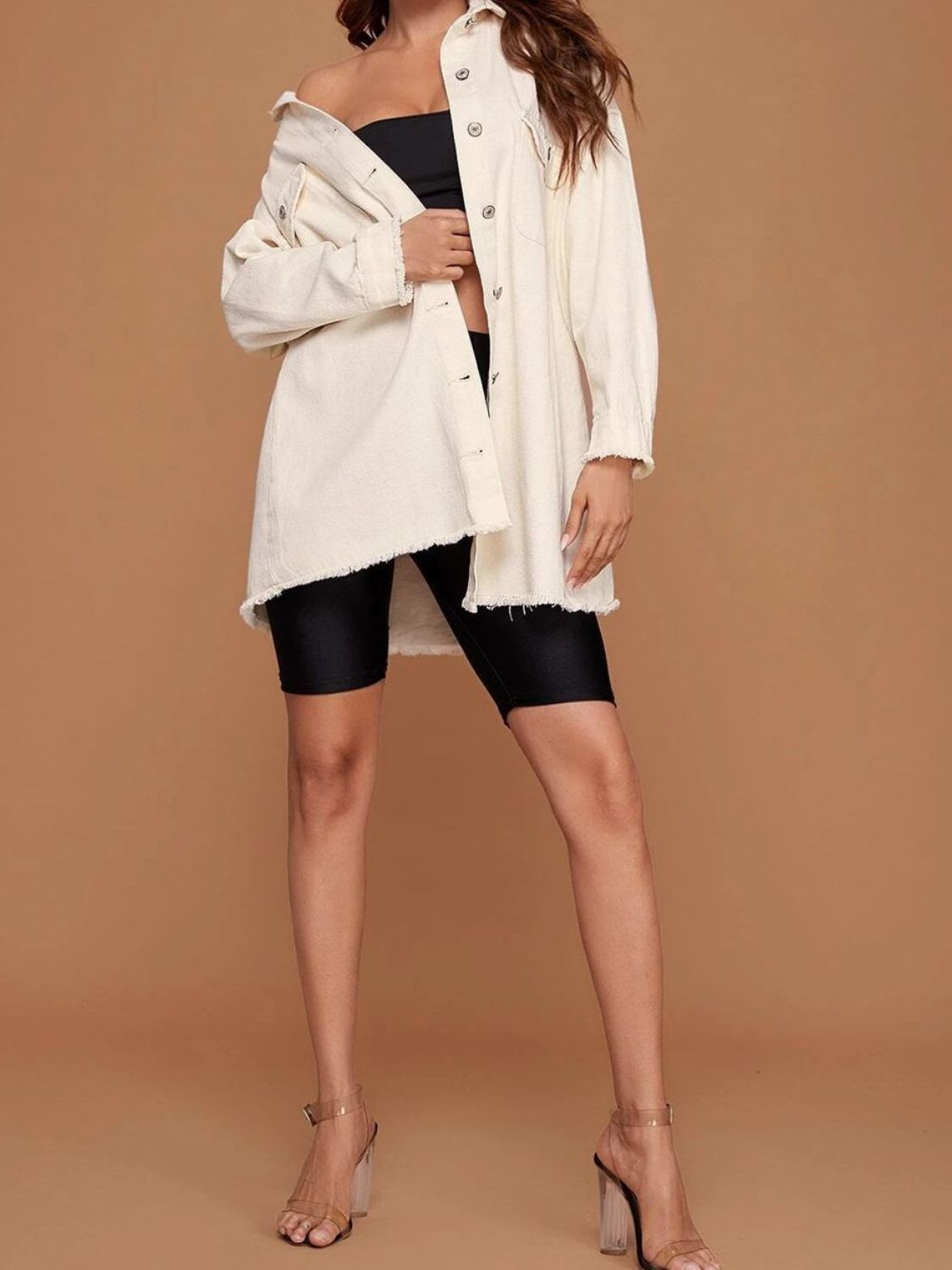 Collared Neck Button-Up Dropped Shoulder Denim Jacket  - Doll Fits
