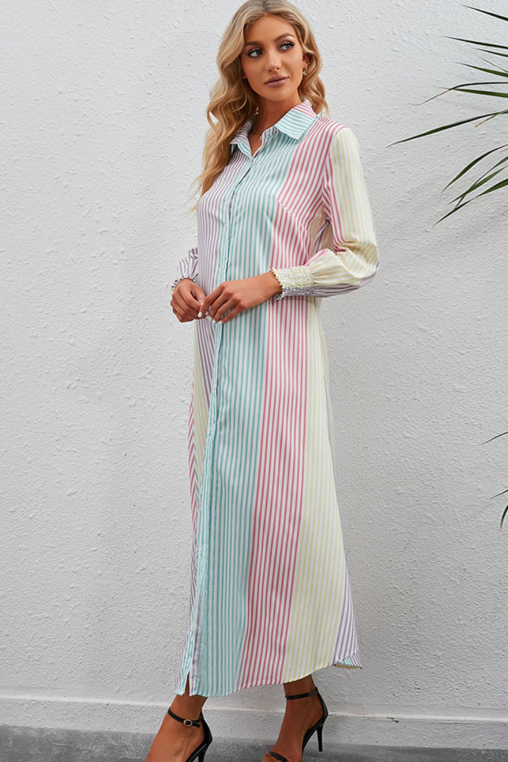 Rainbow Stripe Button-Up Maxi Shirt Dress  Dresses- Doll Fits