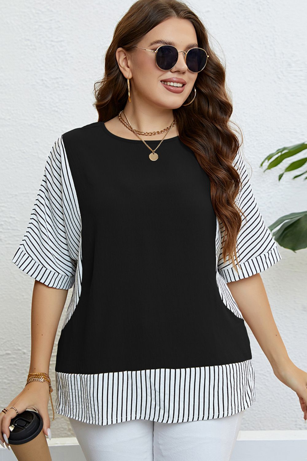 Plus Size Striped Round Neck Half Sleeve Top  Shirts & Tops- Doll Fits