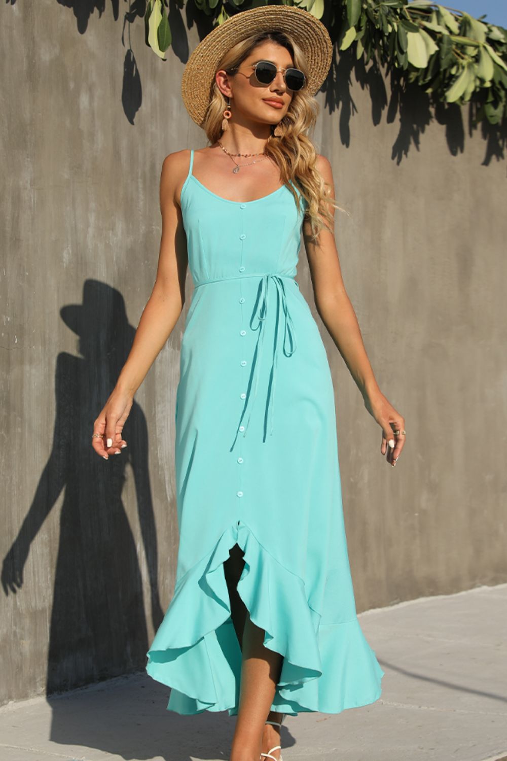 Decorative Button Spaghetti Strap Ruffle Hem Dress  Dresses- Doll Fits