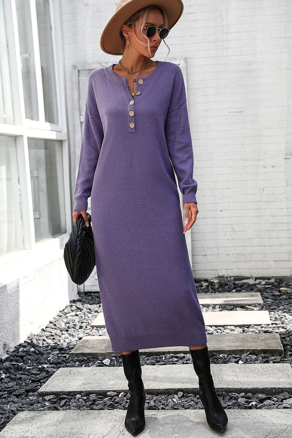 Notched Neck Dropped Shoulder Button-Down Midi Dress  Dresses- Doll Fits