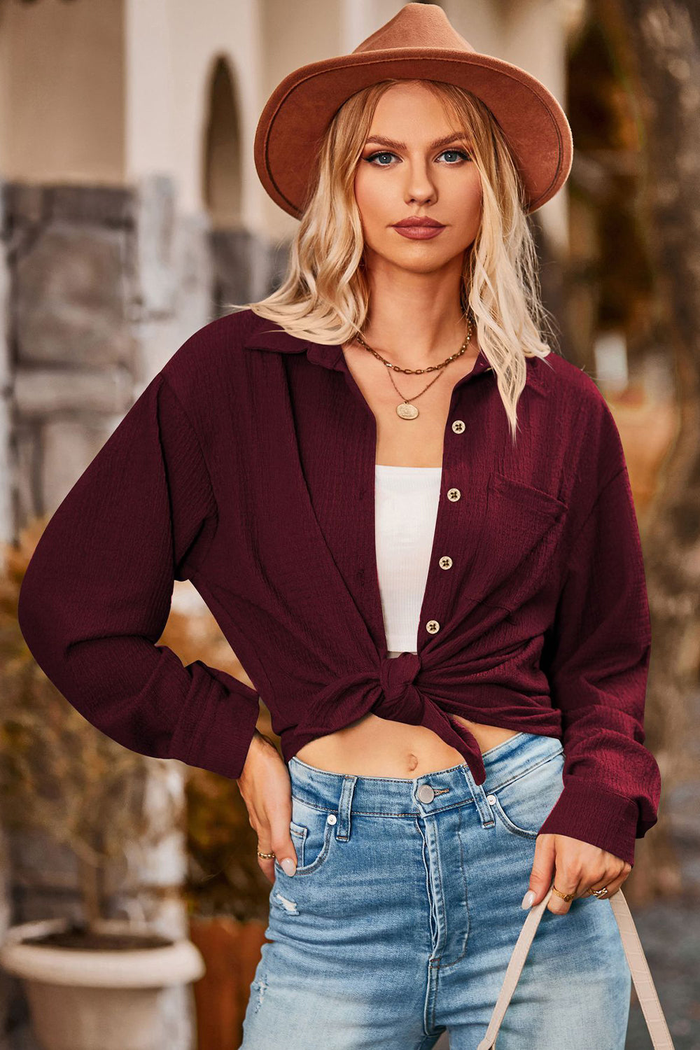 Twisted Collared Neck Long Sleeve Shirt  - Doll Fits