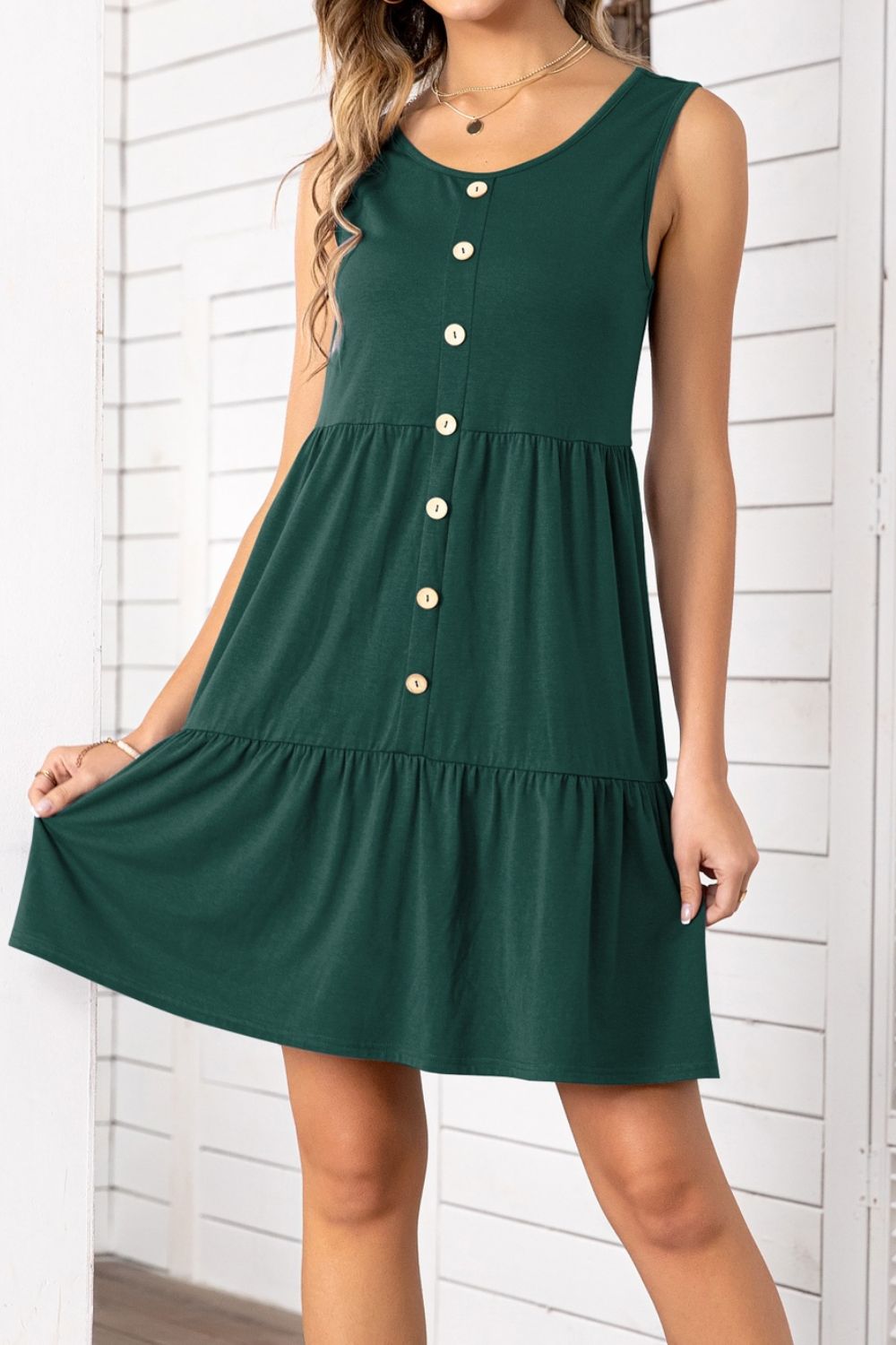 Decorative Button Scoop Neck Sleeveless Tiered Dress  Dresses- Doll Fits