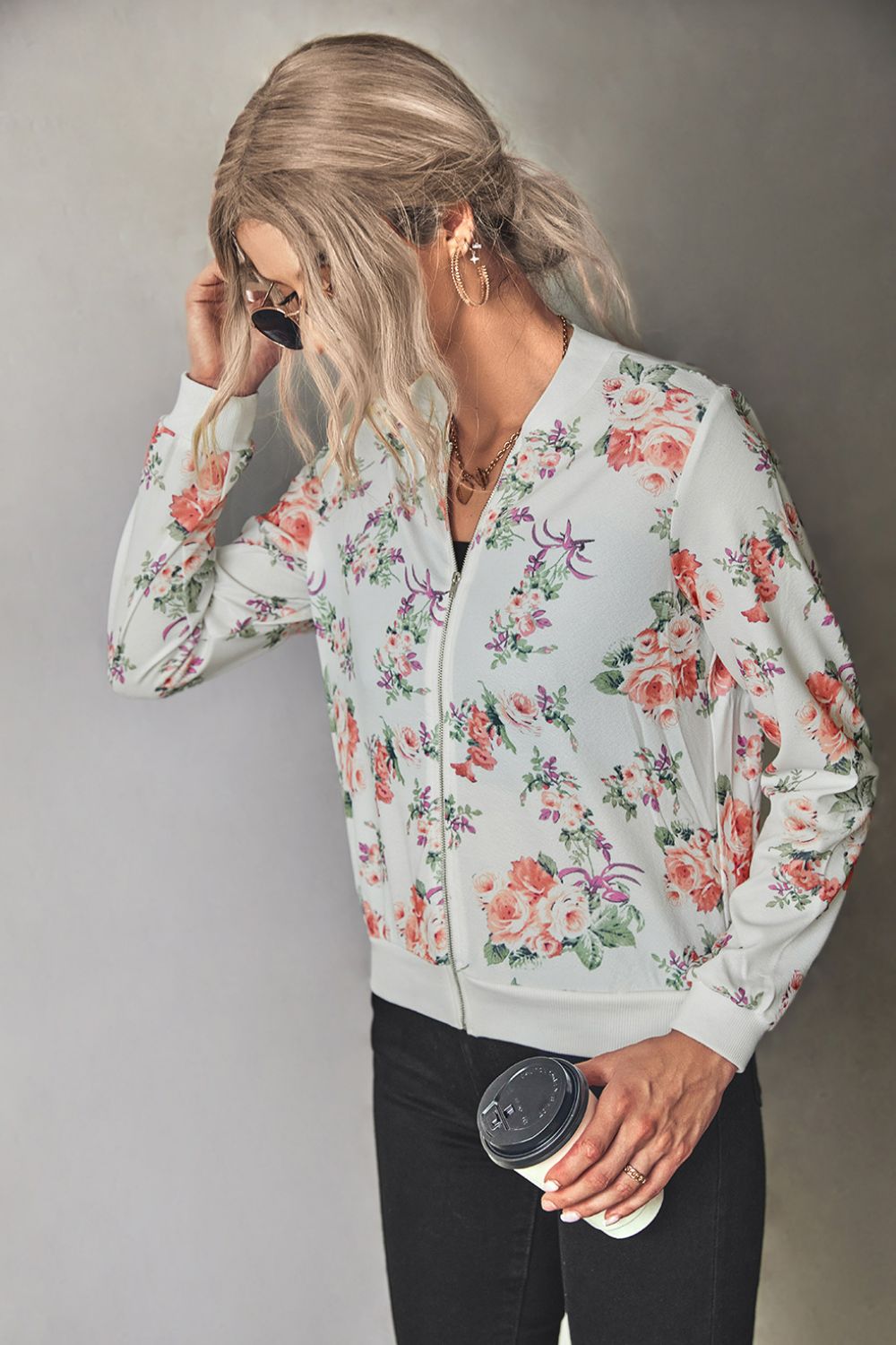 Floral Zip Up Ribbed Trim Bomber Jacket  Coats & Jackets- Doll Fits