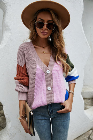 Contrast Button Front V-Neck Cardigan  Shirts & Tops- Doll Fits