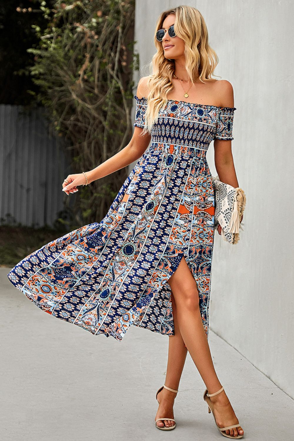 Bohemian Off-Shoulder Frill Trim Split Dress  Dresses- Doll Fits