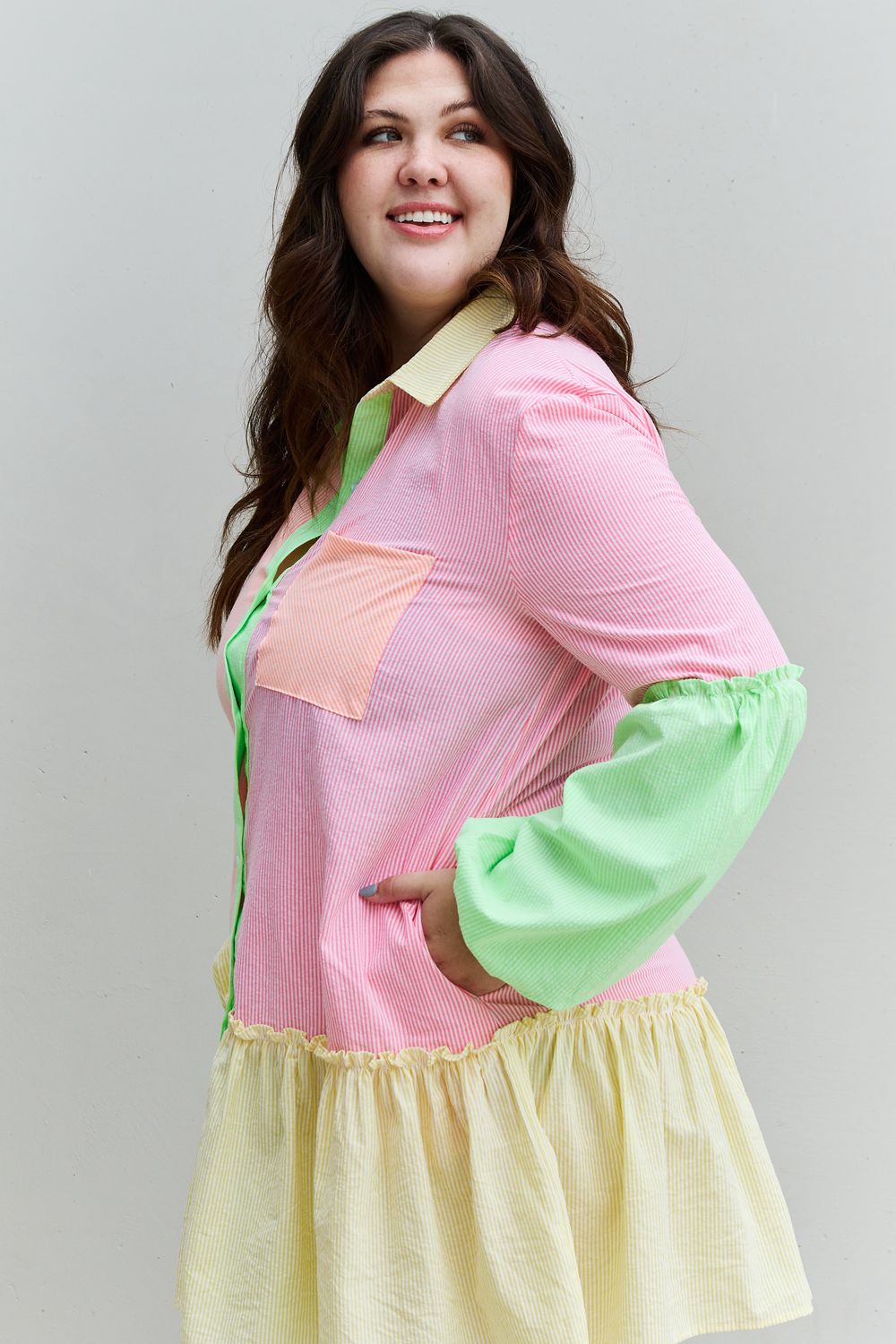 Davi & Dani Flying Colors Full Size Colorblock Long Sleeve Shirt Dress  Dresses- Doll Fits