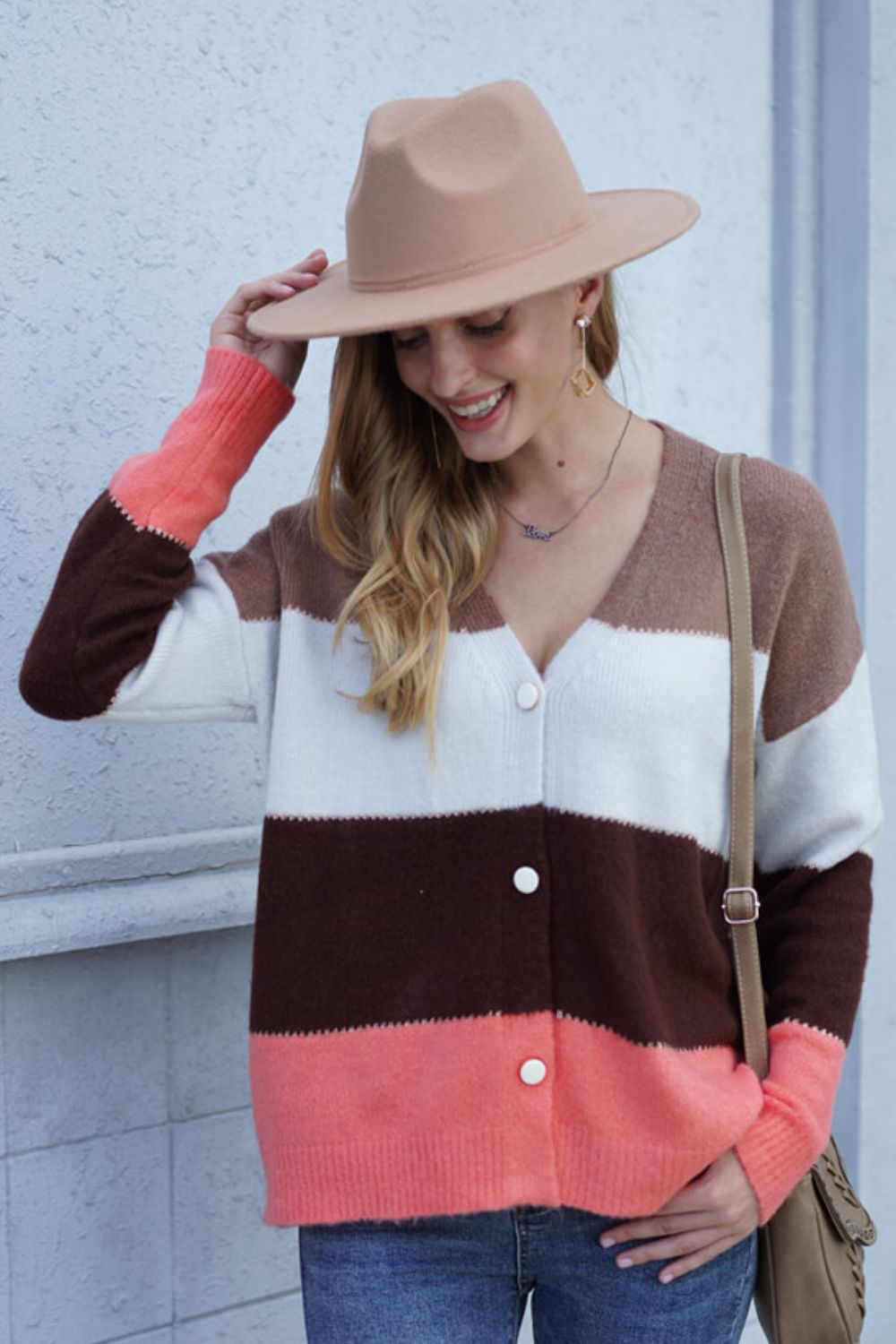Color Block V-Neck Button Down Cardigan  Coats & Jackets- Doll Fits