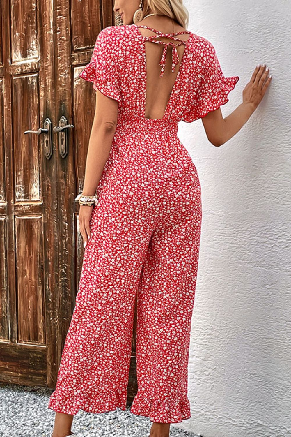 Printed Tie Back Ruffled Jumpsuit  Jumpsuits & Rompers- Doll Fits