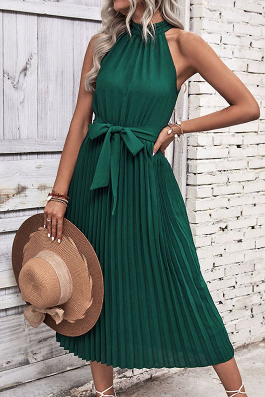 Tie Belt Pleated Midi Dress  Dresses- Doll Fits
