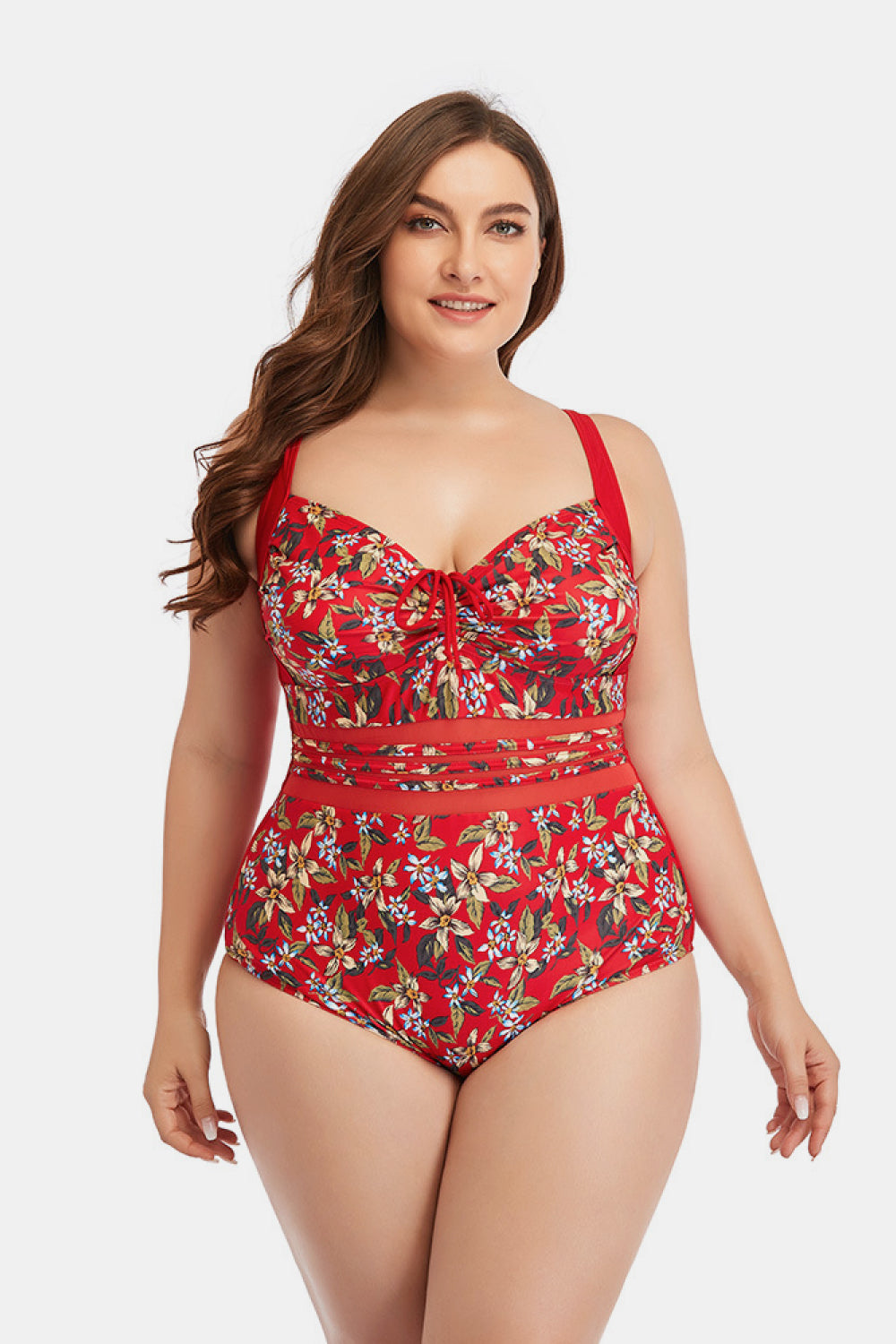 Floral Drawstring Detail One-Piece Swimsuit  Swimwear- Doll Fits