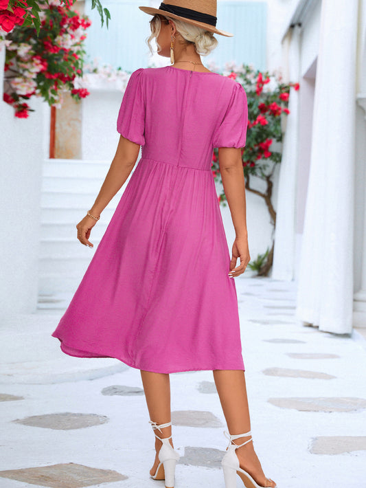 Twisted Short Puff Sleeve V-Neck Dress  Dresses- Doll Fits