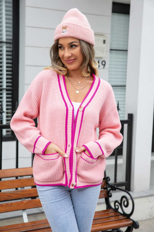 Waffle Knit V-Neck Cardigan with Pocket  - Doll Fits