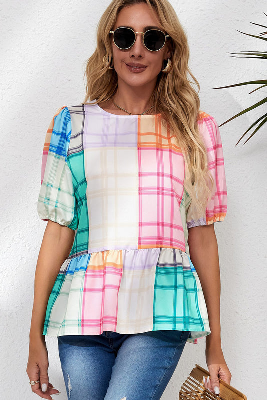 Round Neck Puff Sleeve Plaid Blouse  - Doll Fits