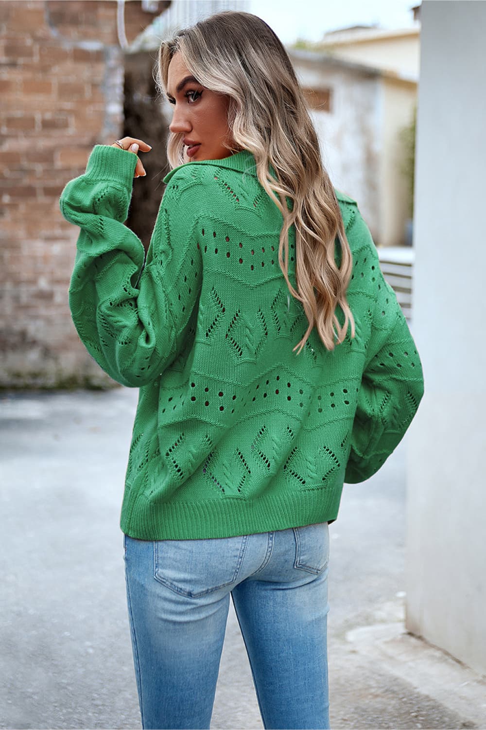 Openwork Long Sleeve Notched Neck Sweater  - Doll Fits