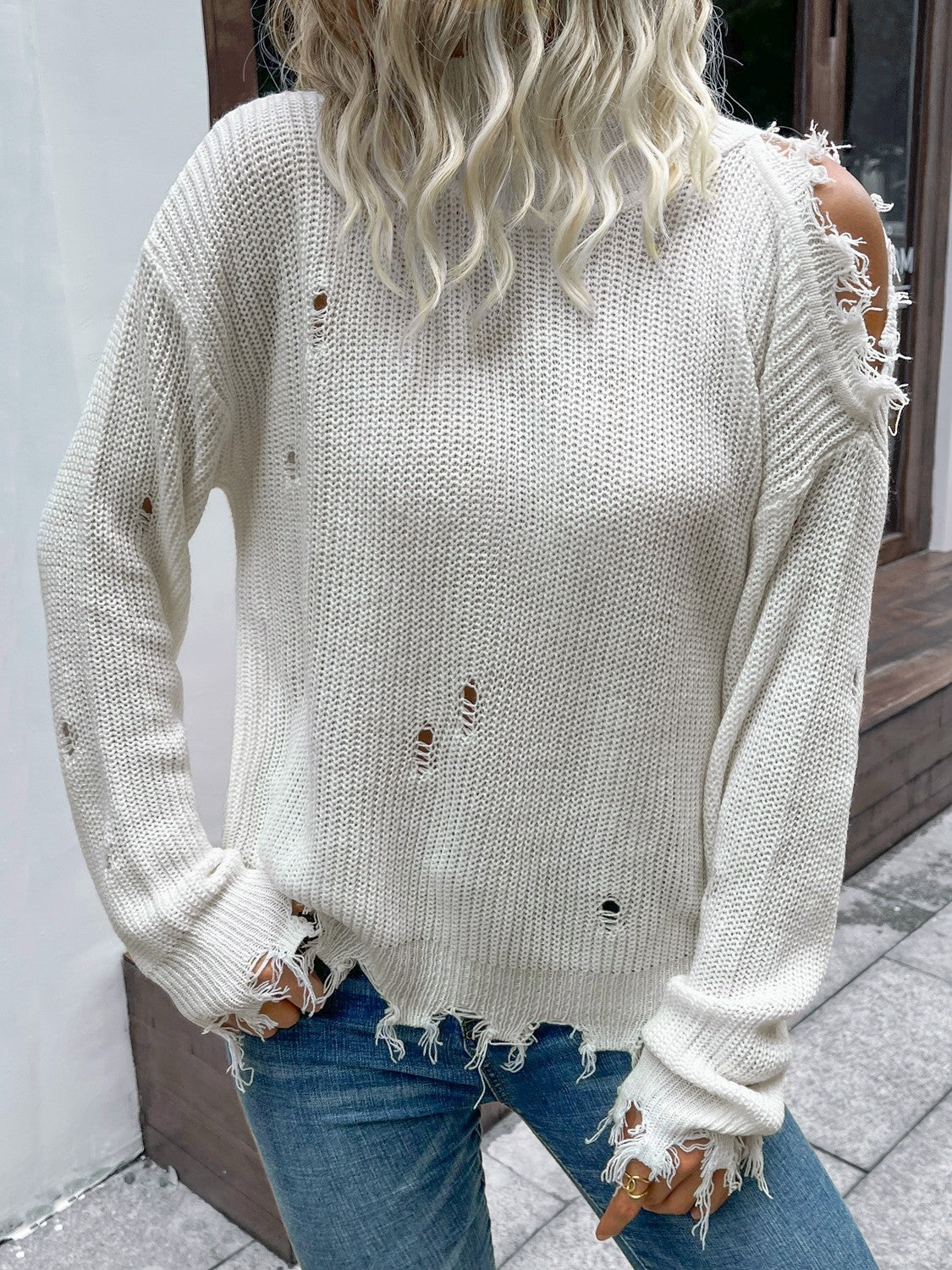 Distressed High Neck Cold-Shoulder Sweater  Shirts & Tops- Doll Fits