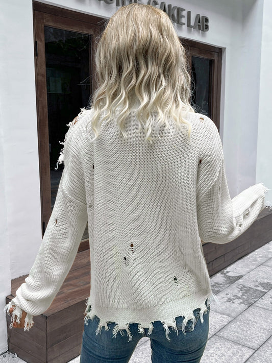 Distressed High Neck Cold-Shoulder Sweater  Shirts & Tops- Doll Fits