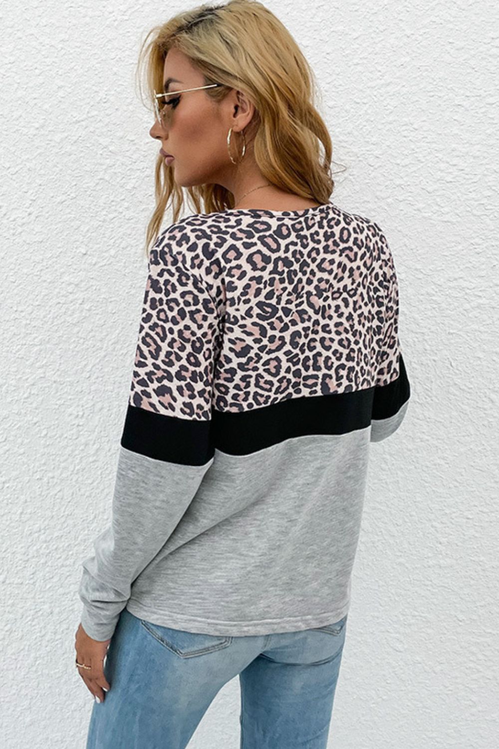 Leopard Color Block V-Neck Long Sleeve Top  Shirts & Tops- Doll Fits