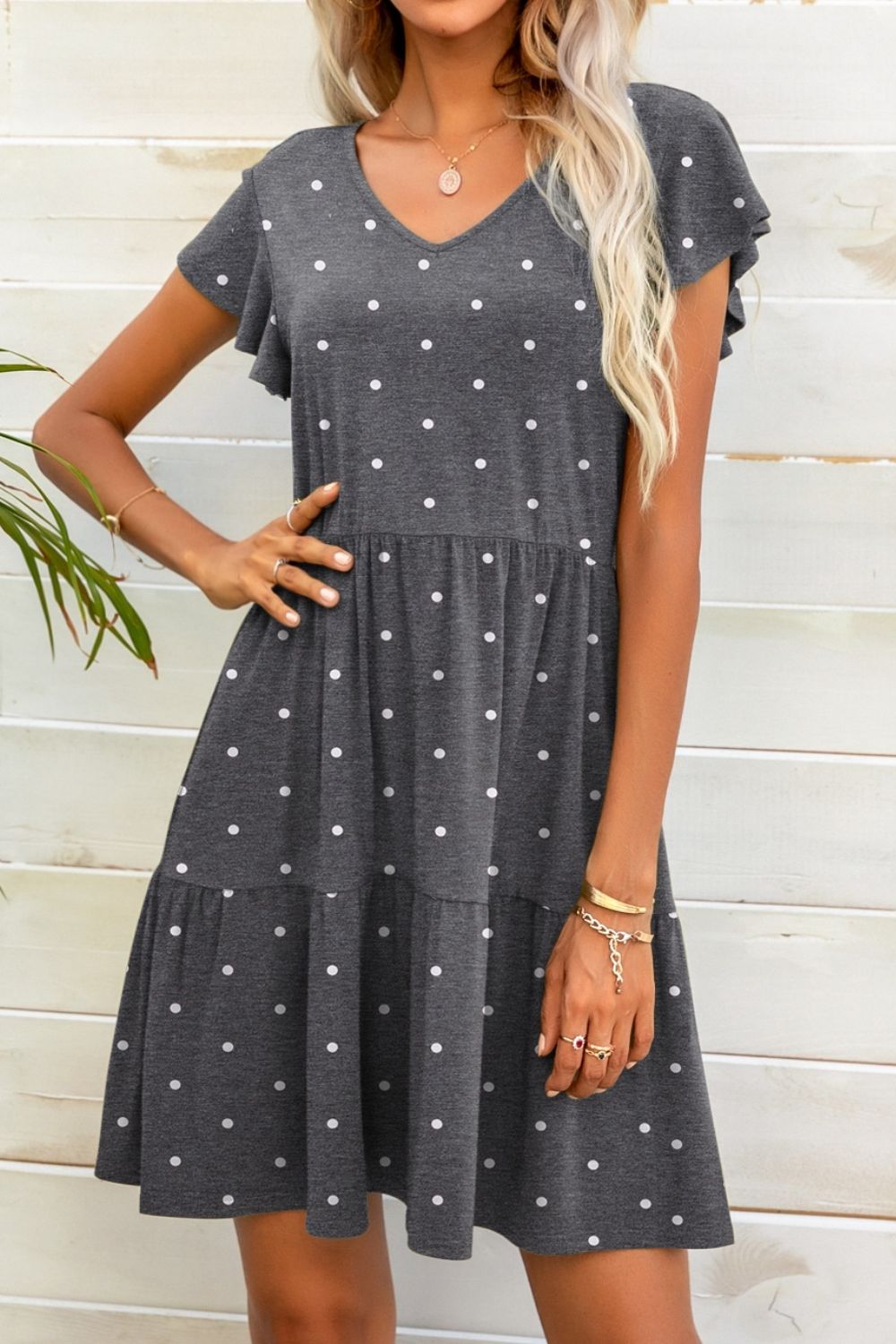 Polka Dot V-Neck Flutter Sleeve Mini Dress  Dresses- Doll Fits