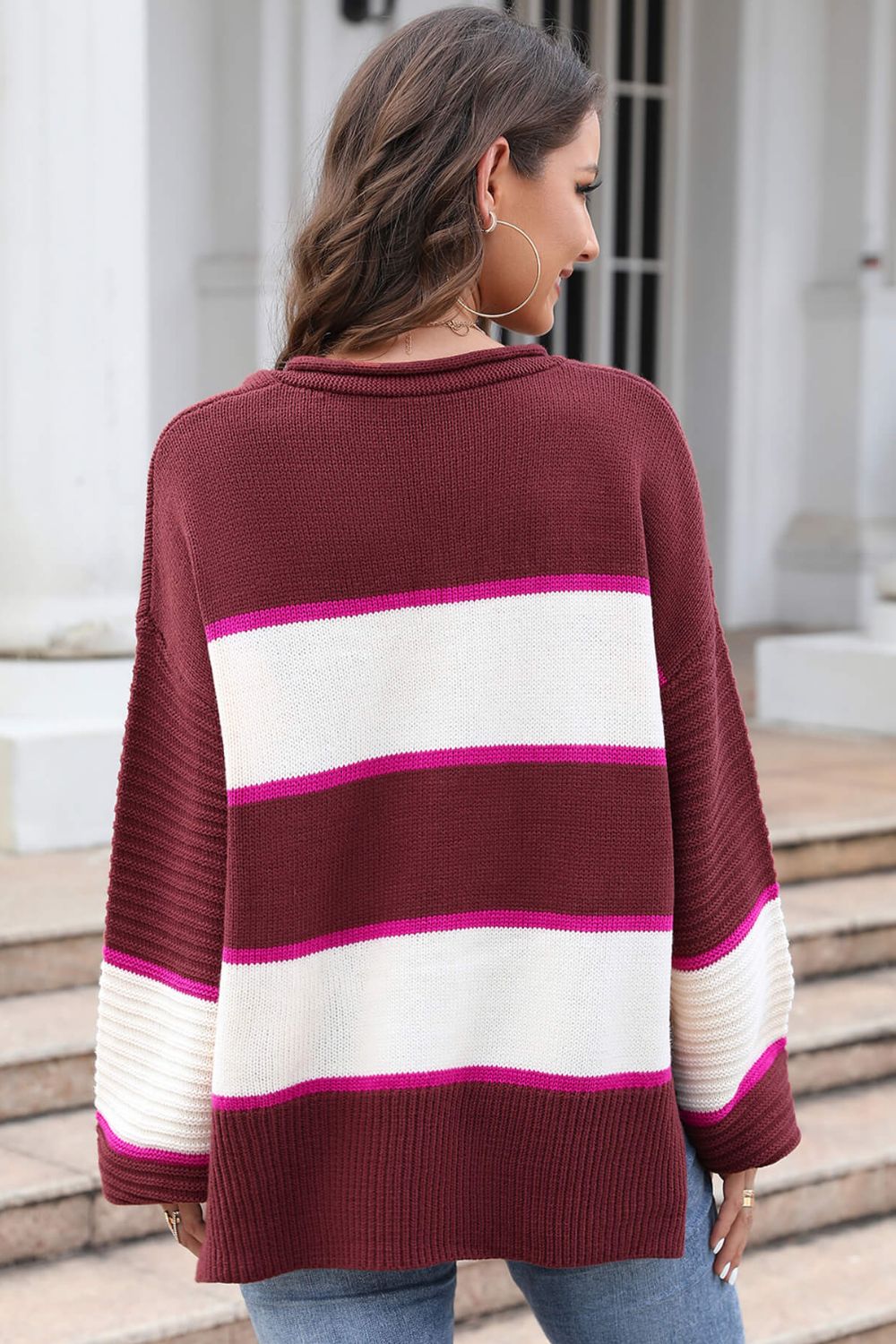 Striped Dropped Shoulder Side Slit Sweater  Shirts & Tops- Doll Fits