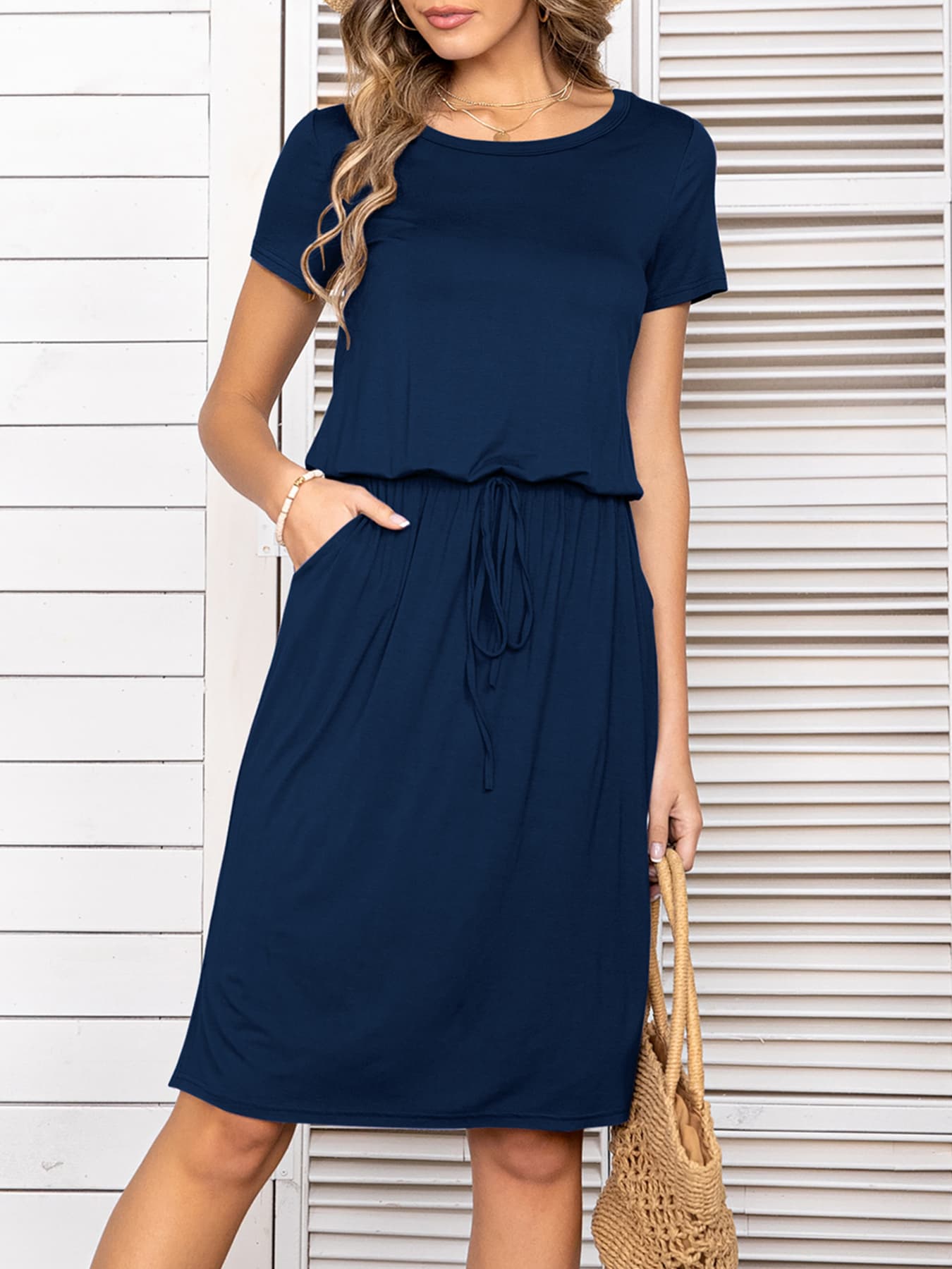 Round Neck Short Sleeve Slit Dress with Pockets  Dresses- Doll Fits