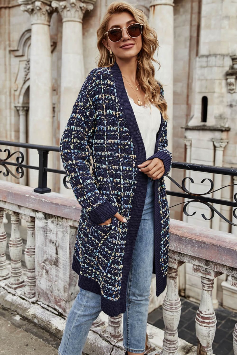 Multicolored Ribbed Trim Open Front Cardigan with Pockets  Coats & Jackets- Doll Fits