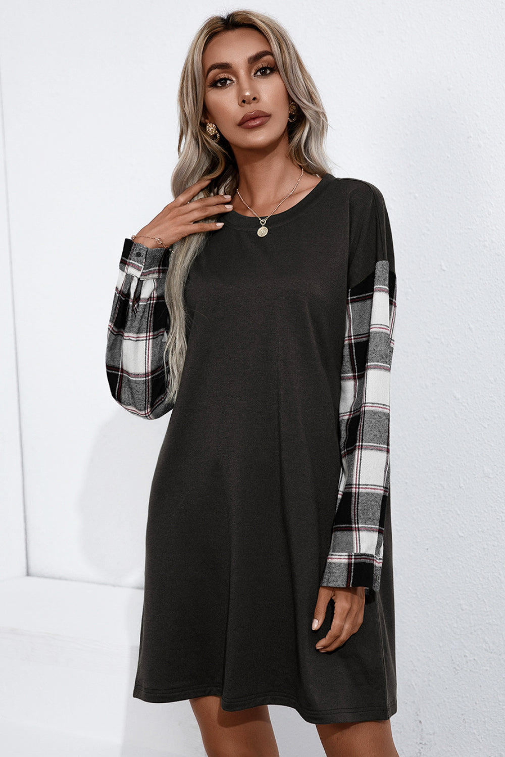 Palmer Plaid Sleeve Contrast T-Shirt Dress  Dresses- Doll Fits