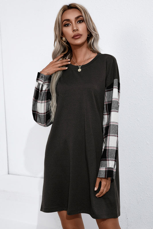 Palmer Plaid Sleeve Contrast T-Shirt Dress  Dresses- Doll Fits