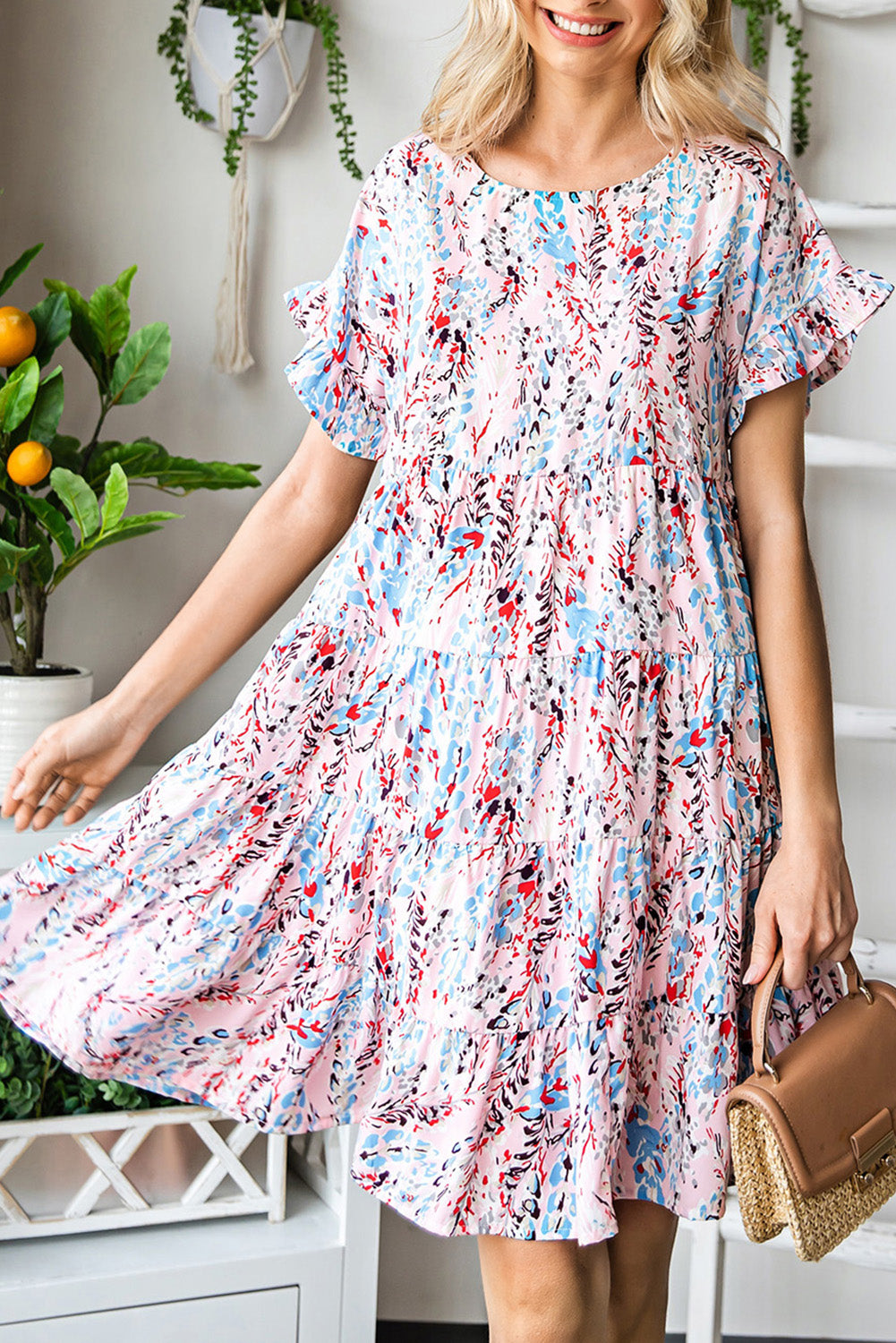 Printed Short Flounce Sleeve Tiered Dress  Dresses- Doll Fits
