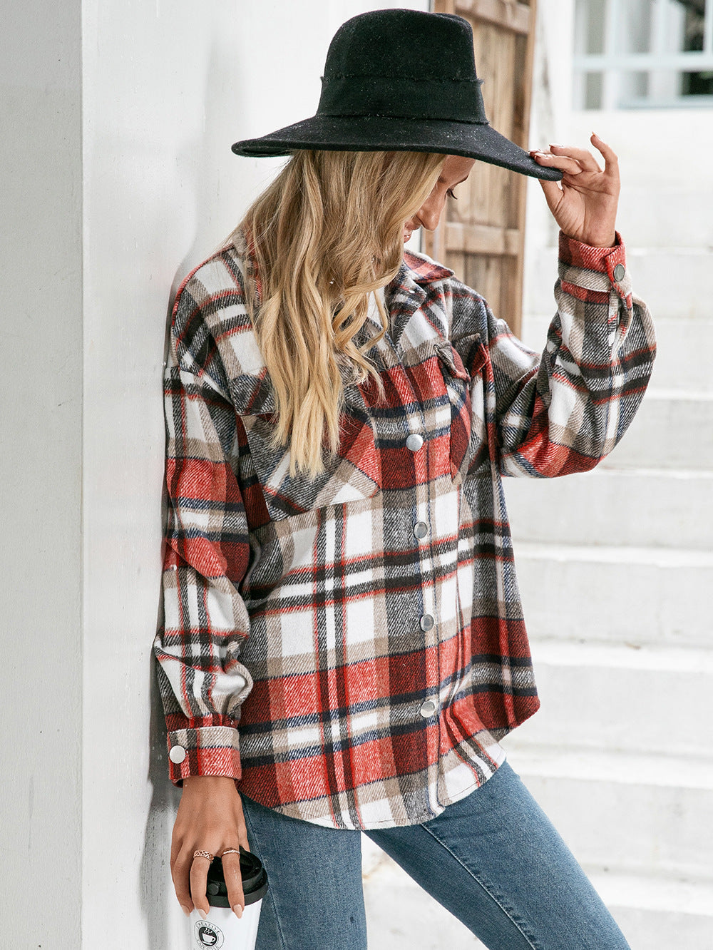 Meet You Outside Plaid Button Down Curved Hem Shacket  - Doll Fits