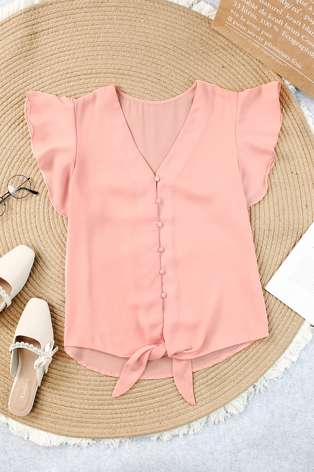 V-Neck Tie Hem Flutter Sleeve Blouse  Shirts & Tops- Doll Fits