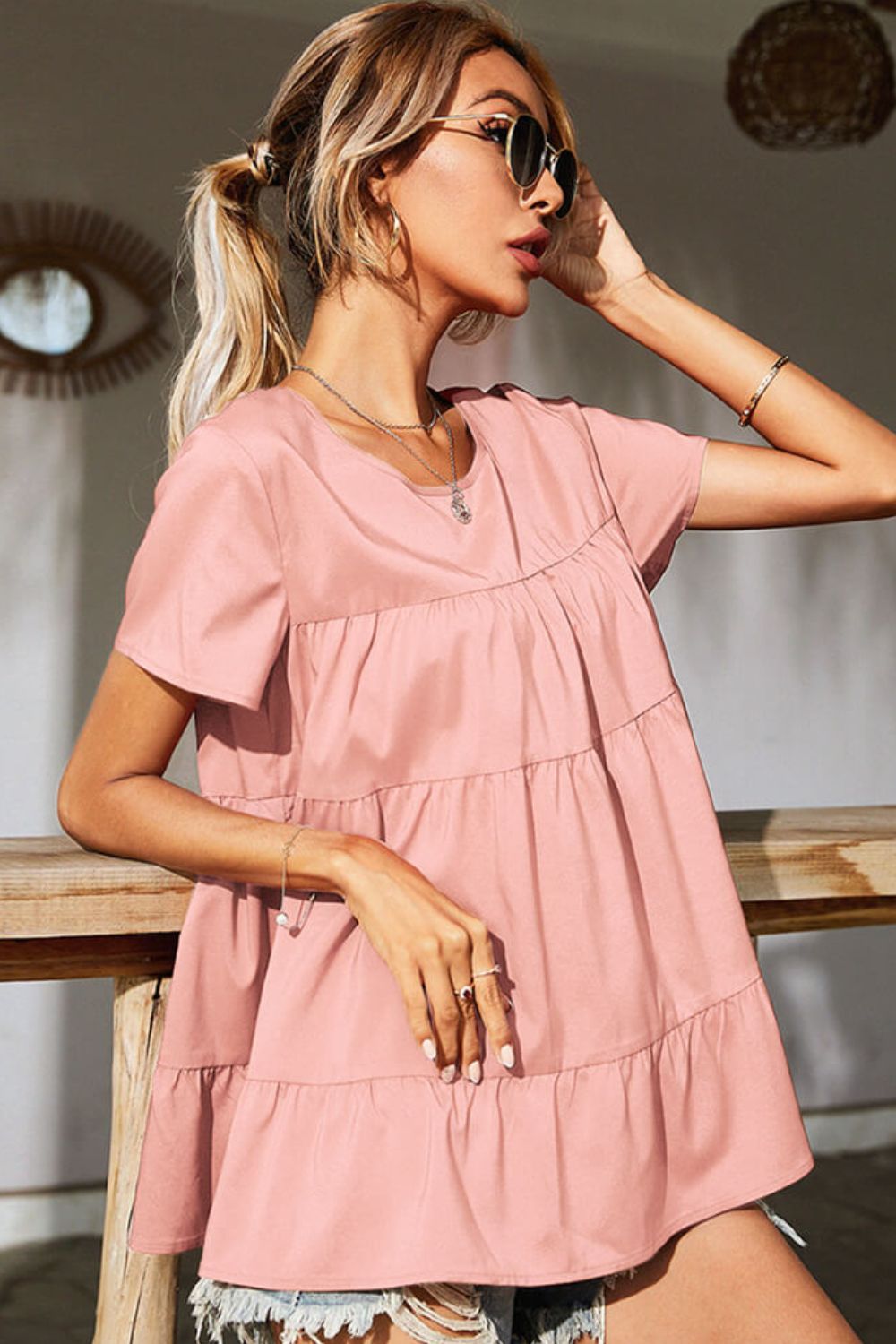 Round Neck Short Sleeve Tiered Blouse  Shirts & Tops- Doll Fits