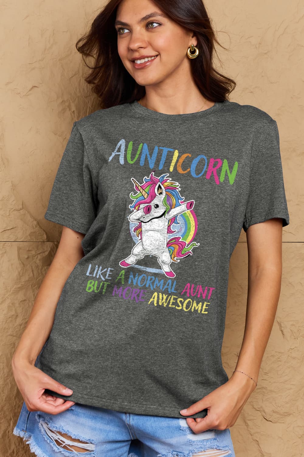 Simply Love Full Size AUNTICORN LIKE A NORMAL AUNT BUT MORE AWESOME Graphic Cotton Tee  - Doll Fits