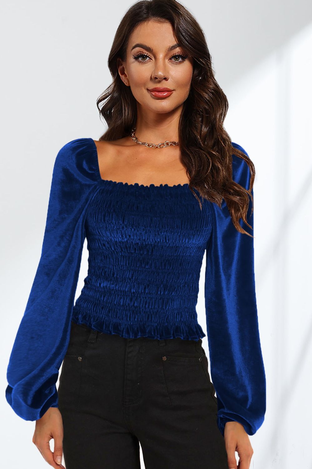 Double Take Smocked Square Neck Long Sleeve Blouse  - Doll Fits