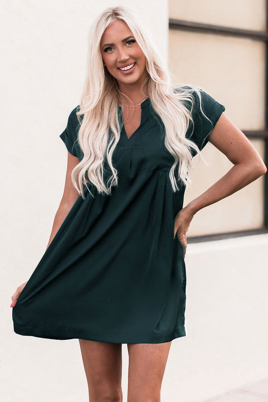 Notched Neck Cuffed Sleeve Mini Dress  Dresses- Doll Fits