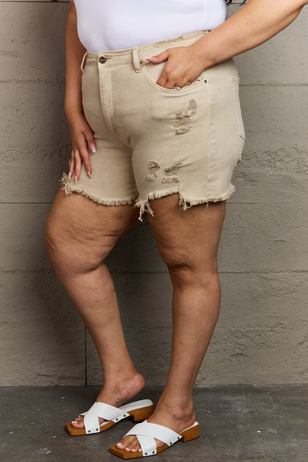 RISEN Katie Full Size High Waisted Distressed Shorts in Sand  - Doll Fits