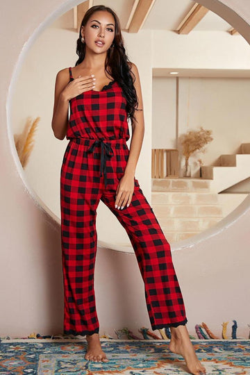 Plaid Lace Trim Spaghetti Strap Jumpsuit  Jumpsuits & Rompers- Doll Fits