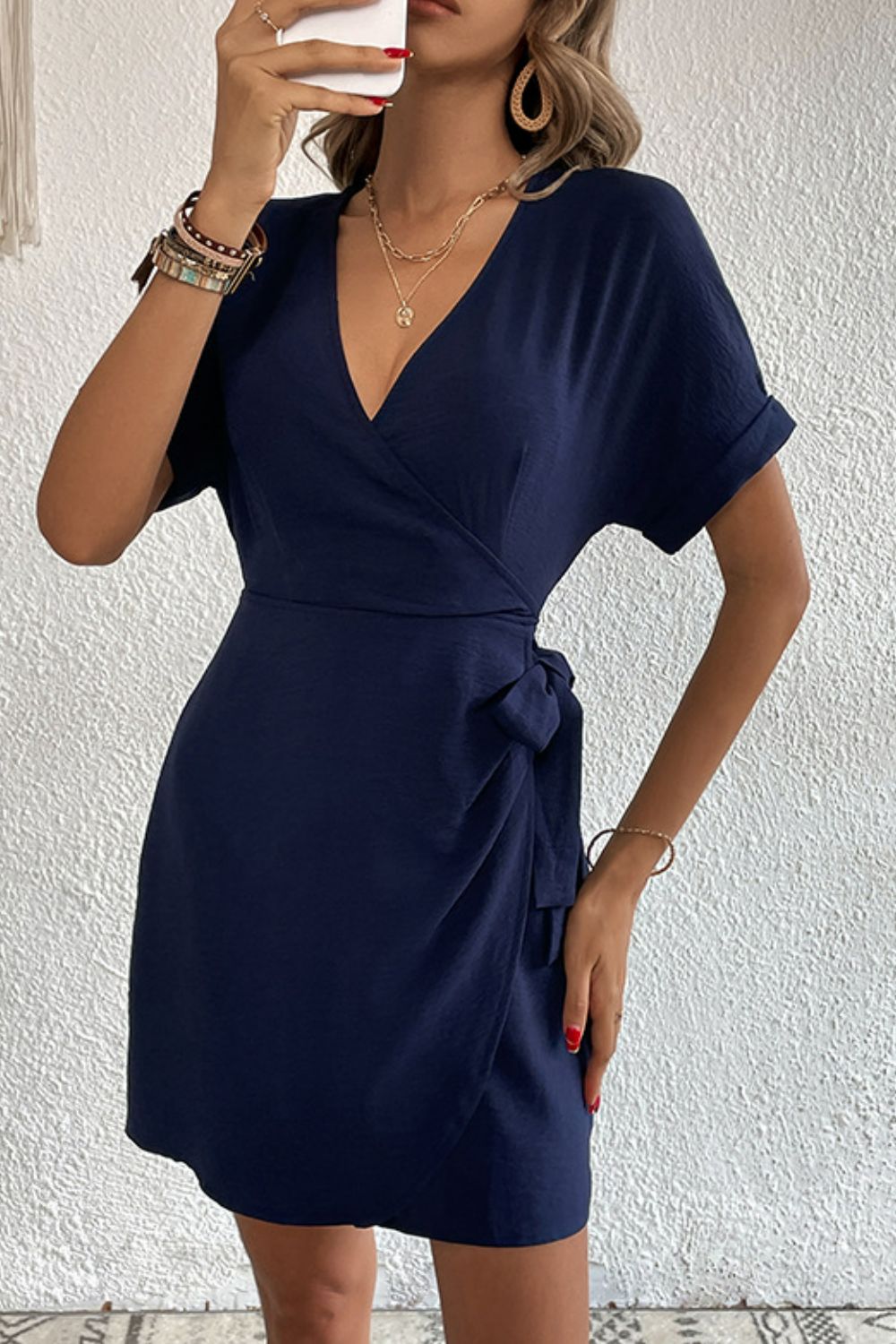 Tied Cuffed Sleeve Surplice Dress  Dresses- Doll Fits