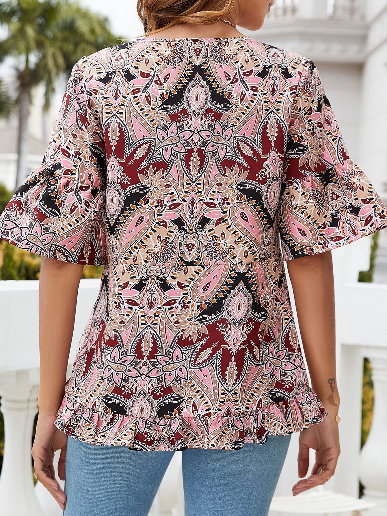 Printed Flounce Sleeve Ruffle Hem Blouse  Shirts & Tops- Doll Fits