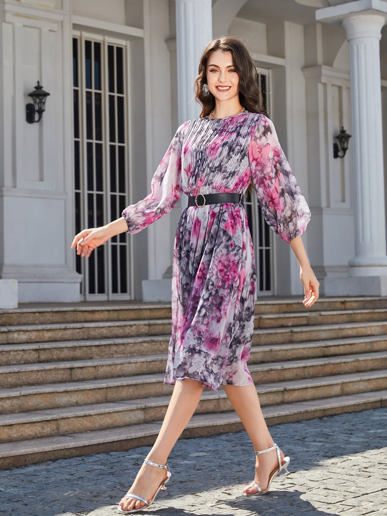 Floral Print Round Neck Balloon Sleeve Midi Dress  Dresses- Doll Fits