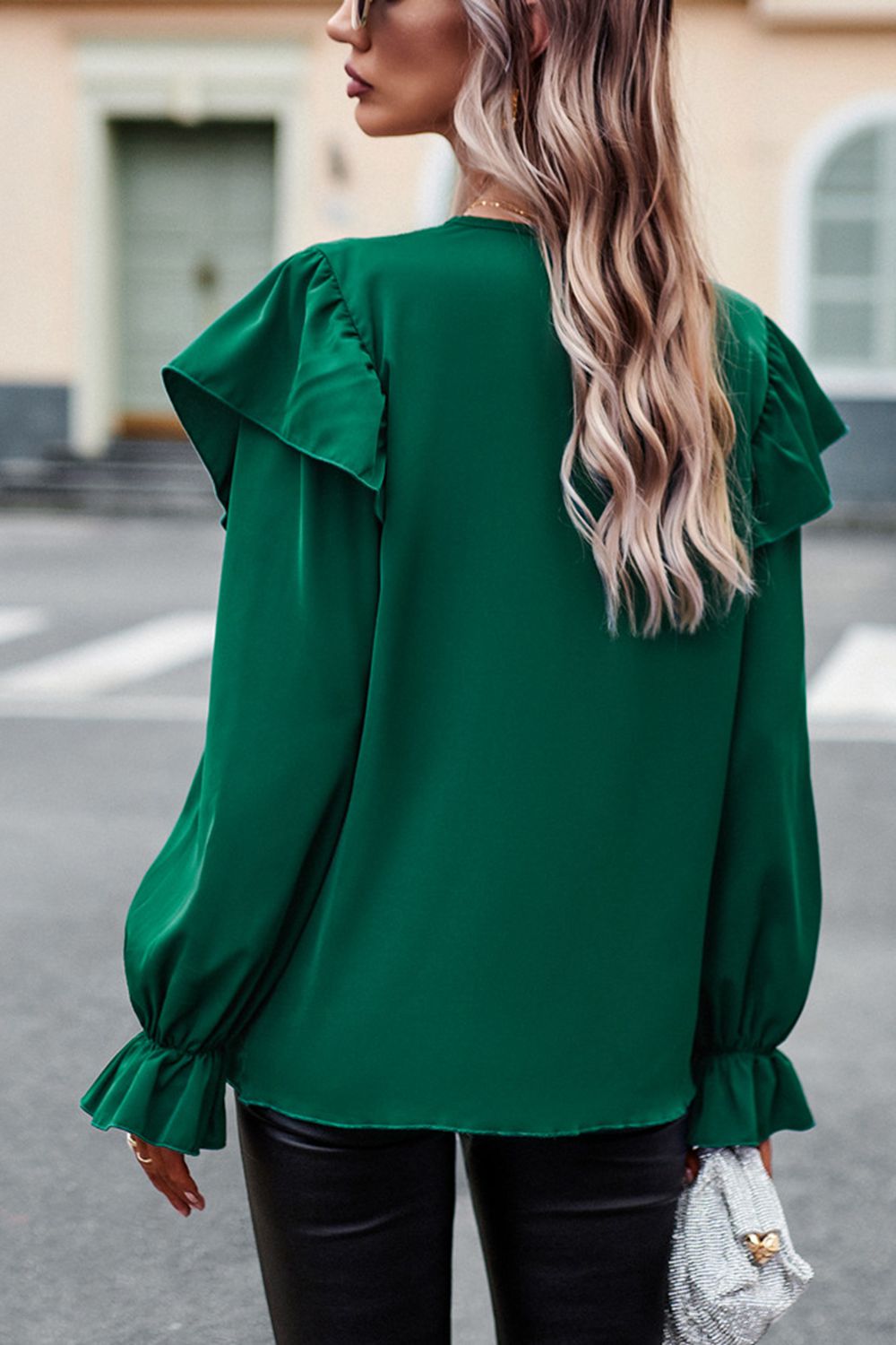 V-Neck Flounce Sleeve Ruffle Trim Blouse  - Doll Fits