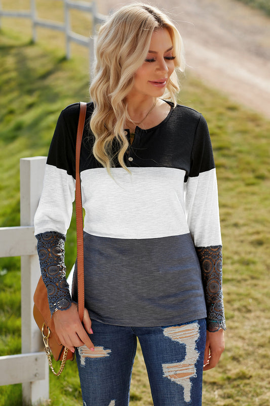 Color Block Spliced Lace Sleeve Ribbed Top  Shirts & Tops- Doll Fits