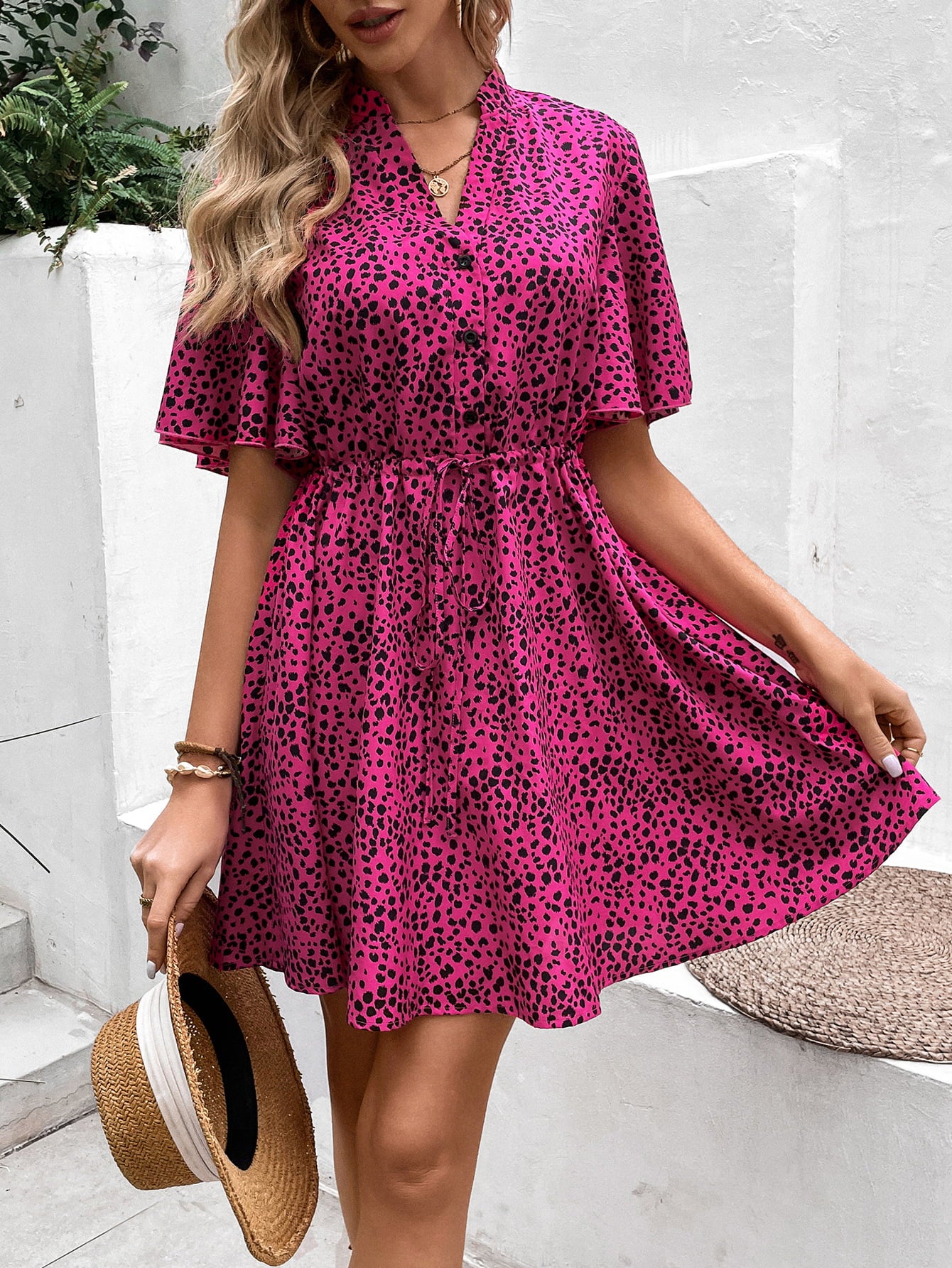 Printed Drawstring Waist Flutter Sleeve Dress  Dresses- Doll Fits