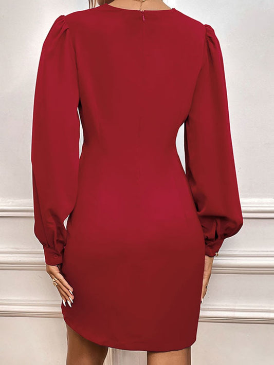 Deep V Twisted Puff Sleeve Dress  Dresses- Doll Fits
