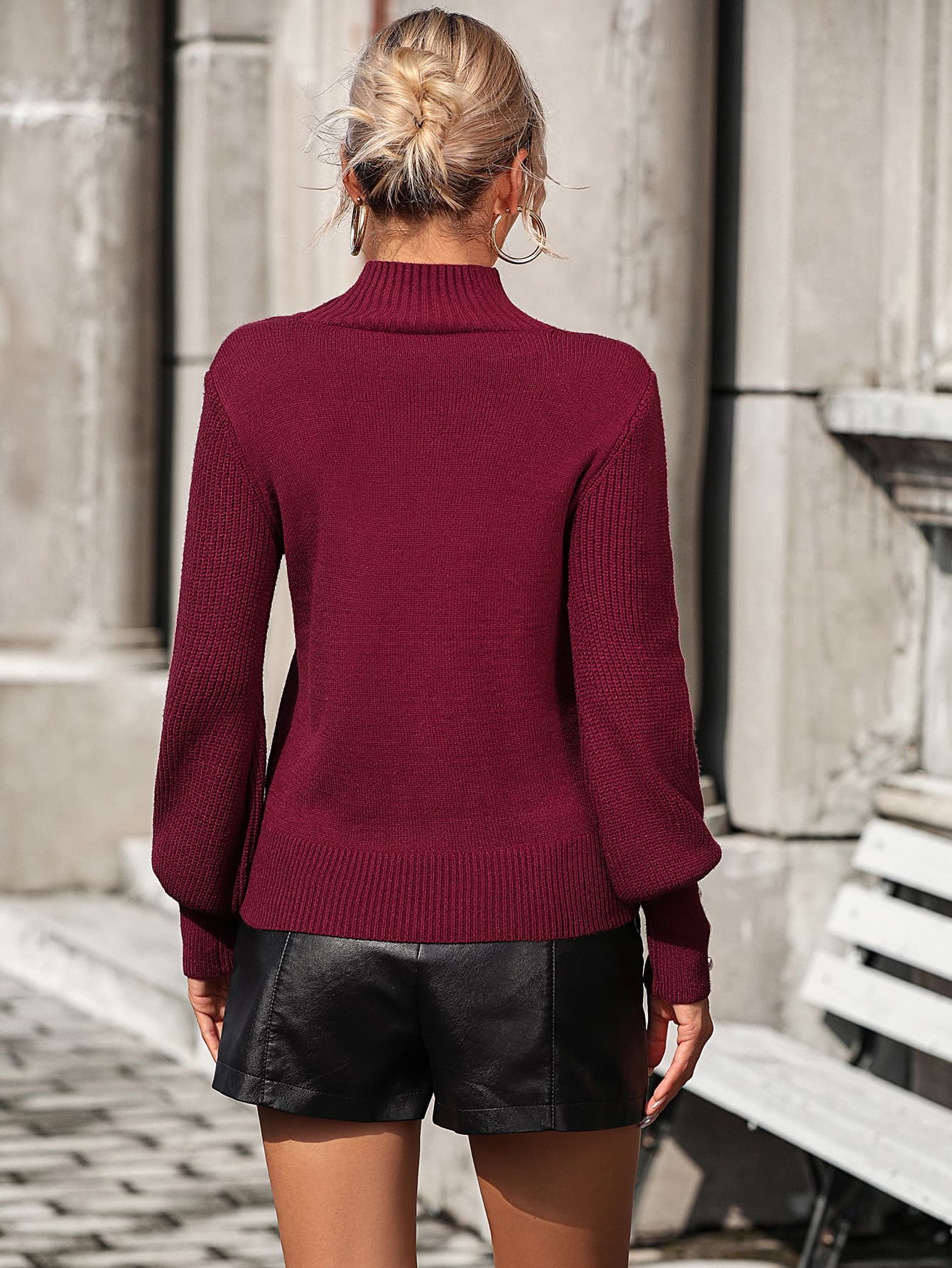 Mock Neck Ribbed Lantern Sleeve Pullover Sweater  - Doll Fits